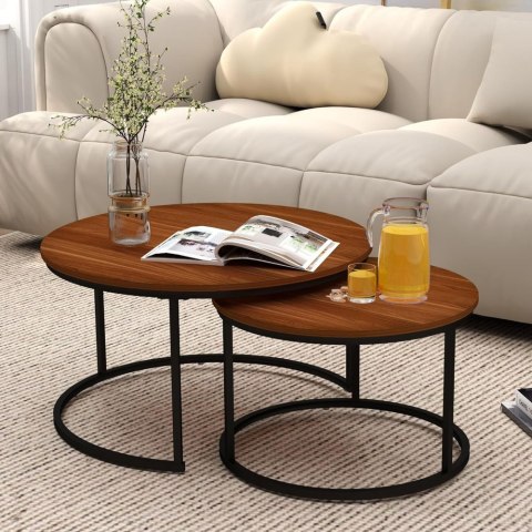 Zestaw Okrągłe Stoliki Kawowe 2w1 Vintage Naturalne Drewno 60x45cm 40x40cm