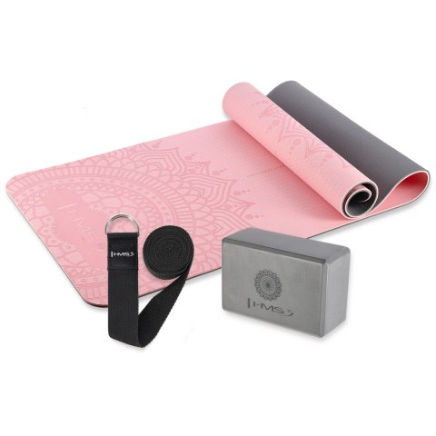 ZESTAW DO JOGI HMS MATA TPE LIGHT PINK YM10 + KOSTKA GRAY KJ02 + PASEK SJ02
