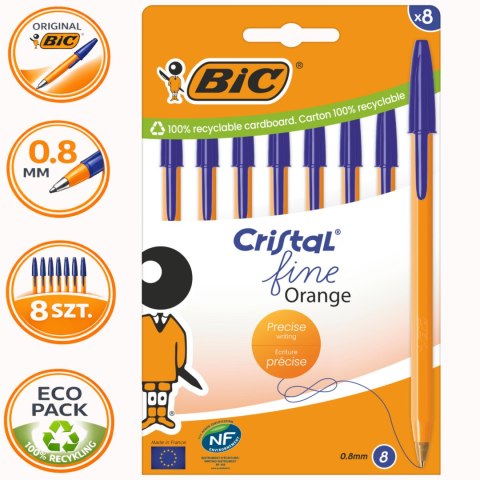 BIC Cristal Fine Orange Długopis Niebieski 8 sztuk