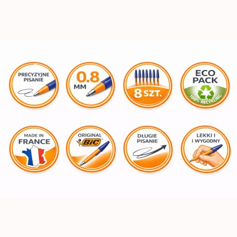 BIC Cristal Fine Orange Długopis Niebieski 8 sztuk