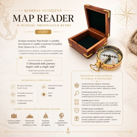 Kompas Mosiężny Map Reader w Pudełku Drewnianym Retro - NC1087