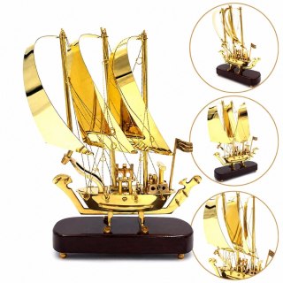Okręt mosiężny na podstawie drewnianej - 30cm - N-3615A