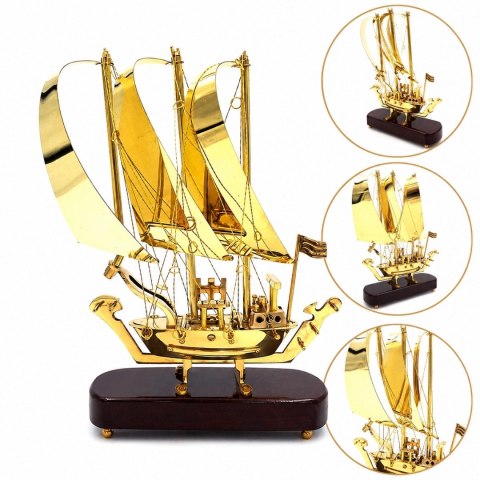 Okręt mosiężny na podstawie drewnianej - 30cm - N-3615A