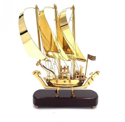 Okręt mosiężny na podstawie drewnianej - 30cm - N-3615A